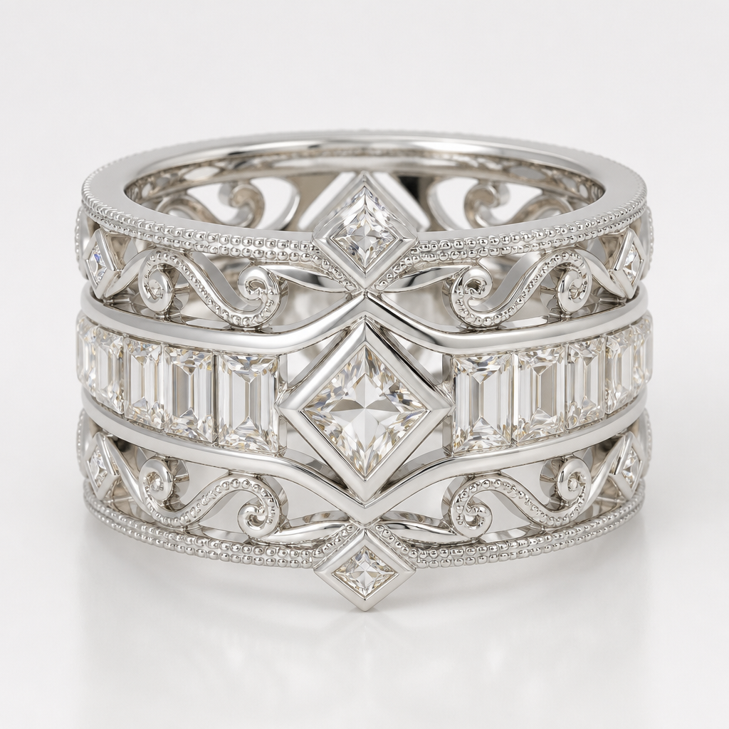 White gold 3 band ring with custom cut diamondS