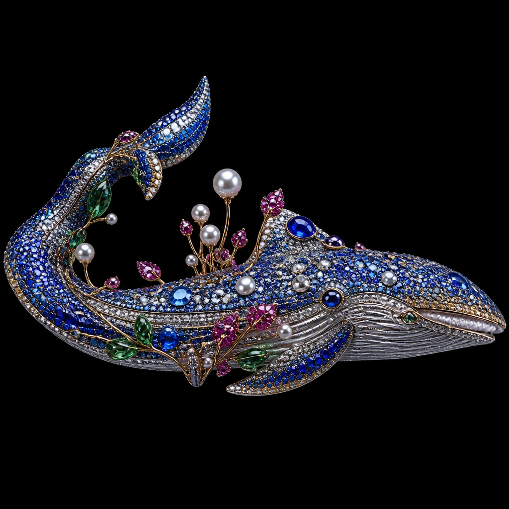 Sapphire diamond emerald pearl ruby pink diamond whale shark
photorealistic jewelry design, Sapphire diamond emerald pearl ruby pink diamond whale shark , avant_garde style, just the design no text