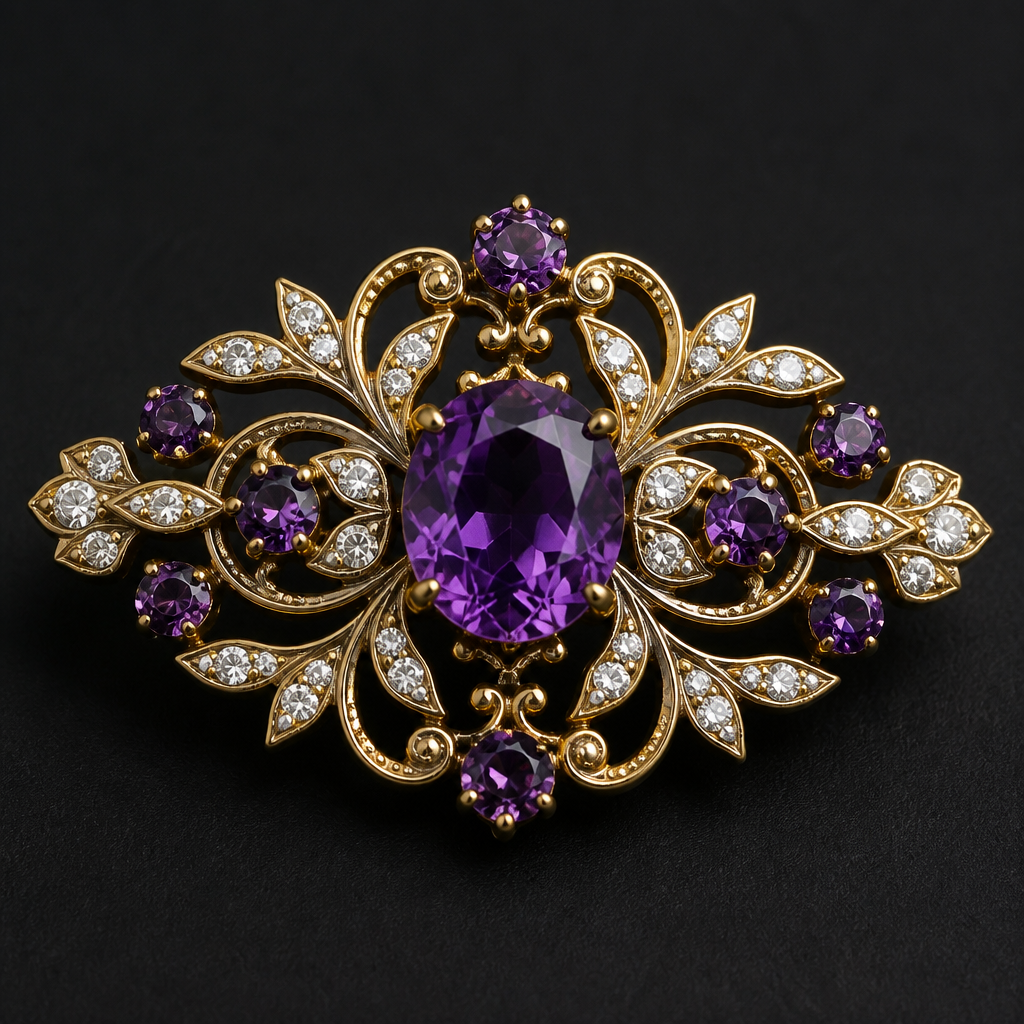 A vintage women's brooch made of gold with amethyst and diamond stones suitable for wedding. e. g like the reference photo
photorealistic jewelry design, A vintage women's brooch made of gold with amethyst and diamond stones suitable for wedding. e. g like the reference photo, vintage style, just the design no text