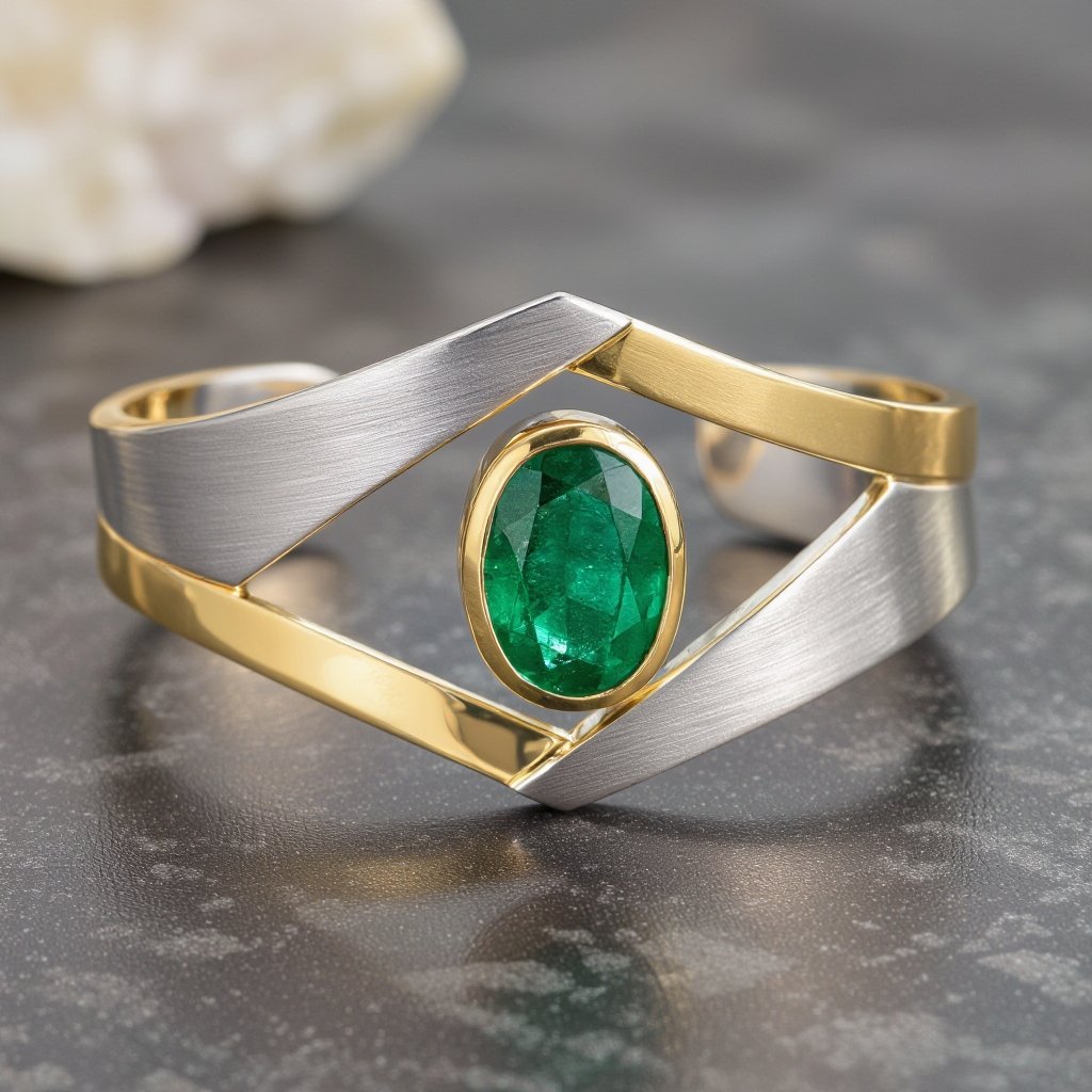 Geomatric necklace Modern Design a sleek, modern cuff bracelet featuring asymmetrical angles and a polished finish. Use a combination of brushed matte silver and high-shine gold accents for contrast. Incorporate a single, oval-cut gemstone-perhaps a striking emerald-set at an unconventional angle, creating a bold focal point that exudes contemporary elegance and sophistication.