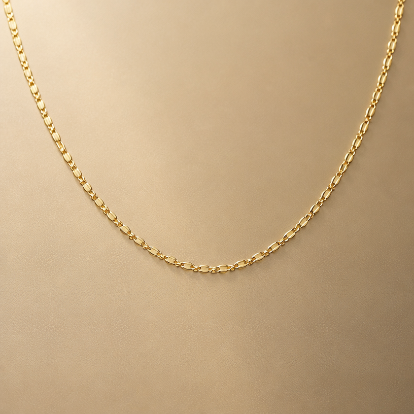 A nature women's necklace made of gold, minimalist, simple and delicate, clean lines. dainter version of these chains
using the attached image as a visual reference, create A nature women's necklace made of gold, minimalist, simple and delicate, clean lines. dainter version of these chains. photorealistic, just the design no text