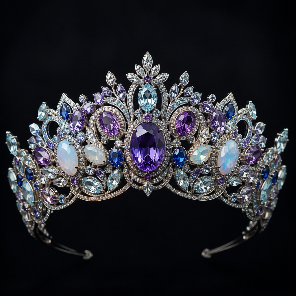 A women's tiara with amethyst and topaz and opal and aquamarine and sapphire stones, highly ornate, intricate and elaborate, richly detailed
photorealistic jewelry design, A women's tiara with amethyst and topaz and opal and aquamarine and sapphire stones, highly ornate, intricate and elaborate, richly detailed, modern style, just the design no text