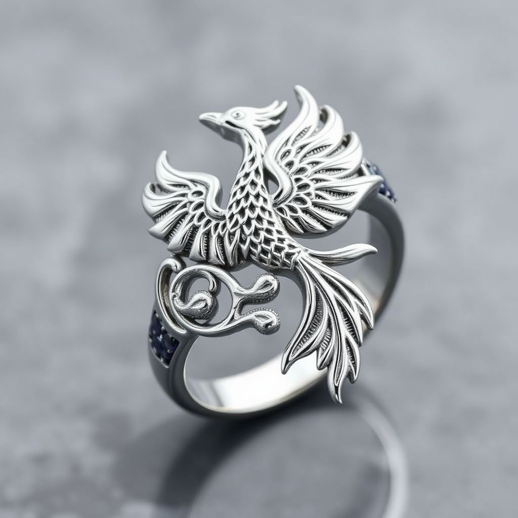 A silver segnit ring with a Celtic phoenix rising from the swirling flames on it 
