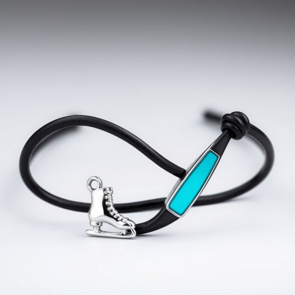 Bracelet black leather with silver ice skate and turquoise stripe inside the low thin part blade