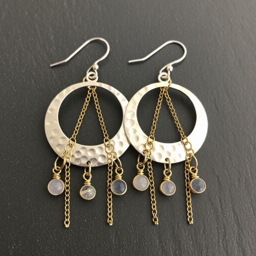 Серебряные серьги словно мятое серебро в форме полумесяца вертикальныйсверху крепится к швензе. От полумесяца идет три цепочки золотого цвета, у каждой на конце мелкий камушек лунный камень