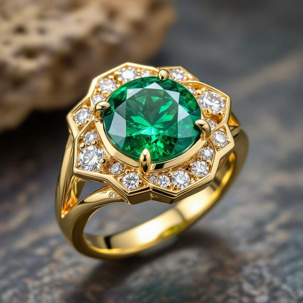 Anillo en oro con esmeralda trapiche redonda y diamantes al rededor que forme un hexágono en el metal