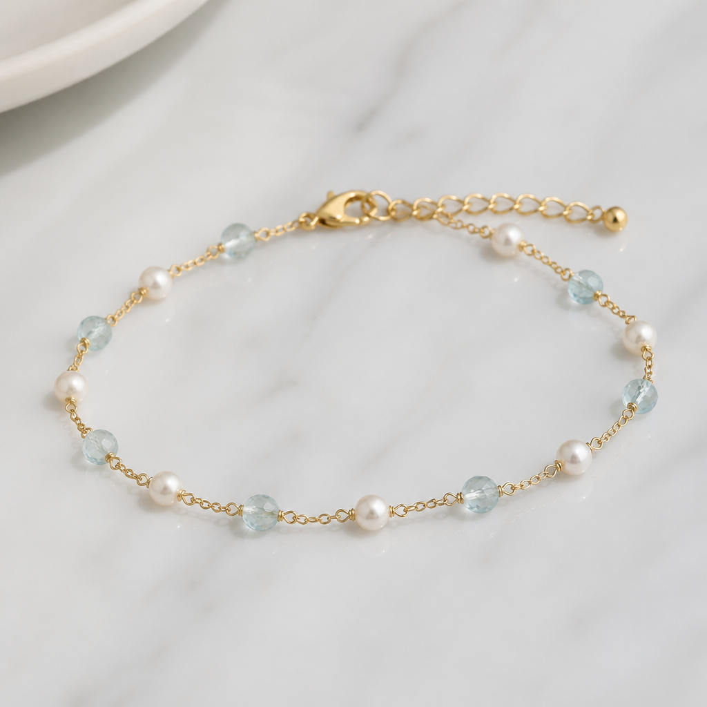A minimalist women's bracelet with pearl and aquamarine stones suitable for daily wear
photorealistic jewelry design, A minimalist women's bracelet with pearl and aquamarine stones suitable for daily wear, minimalist style, just the design no text