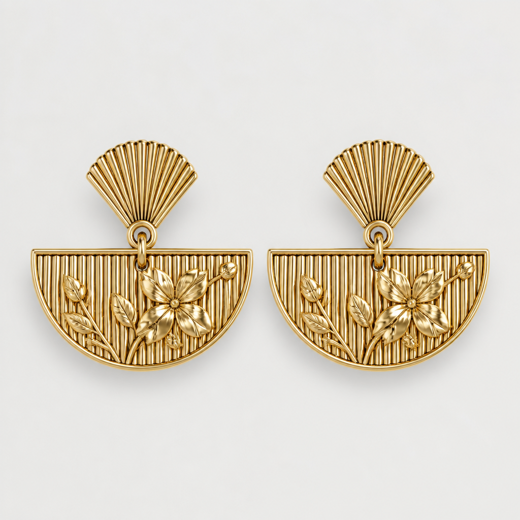 A women's earrings. make the upside down semi circle as corrugated lines pattern like as the top piece and add the floral design pattern in it
photorealistic jewelry design, A women's earrings. make the upside down semi circle as corrugated lines pattern like as the top piece and add the floral design pattern in it, modern style, just the design no text