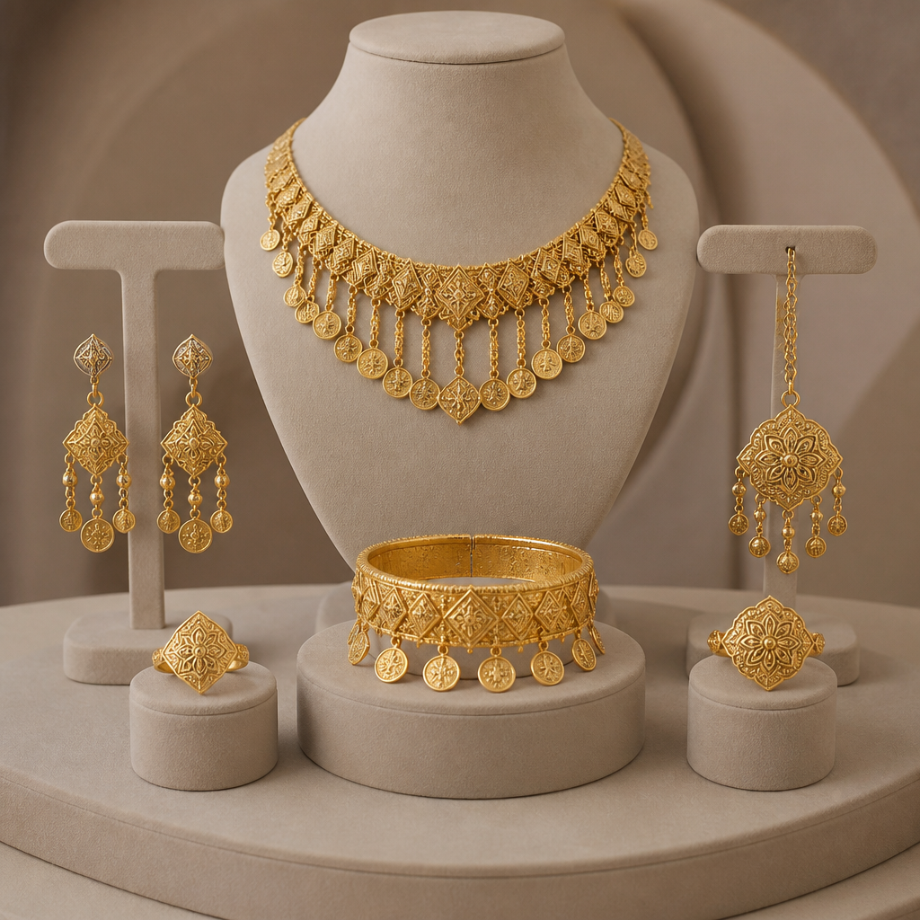 يك طراحي سرويس كامل طلا به سبك كشور هاي عربي
photorealistic jewelry design, يك طراحي سرويس كامل طلا به سبك كشور هاي عربي, bohemian style, just the design no text