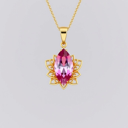 A everyday wear gold necklace with a pink color gemstone in a marquise cut. All the details are delicate and they rappresent the petals of the flower lotus.