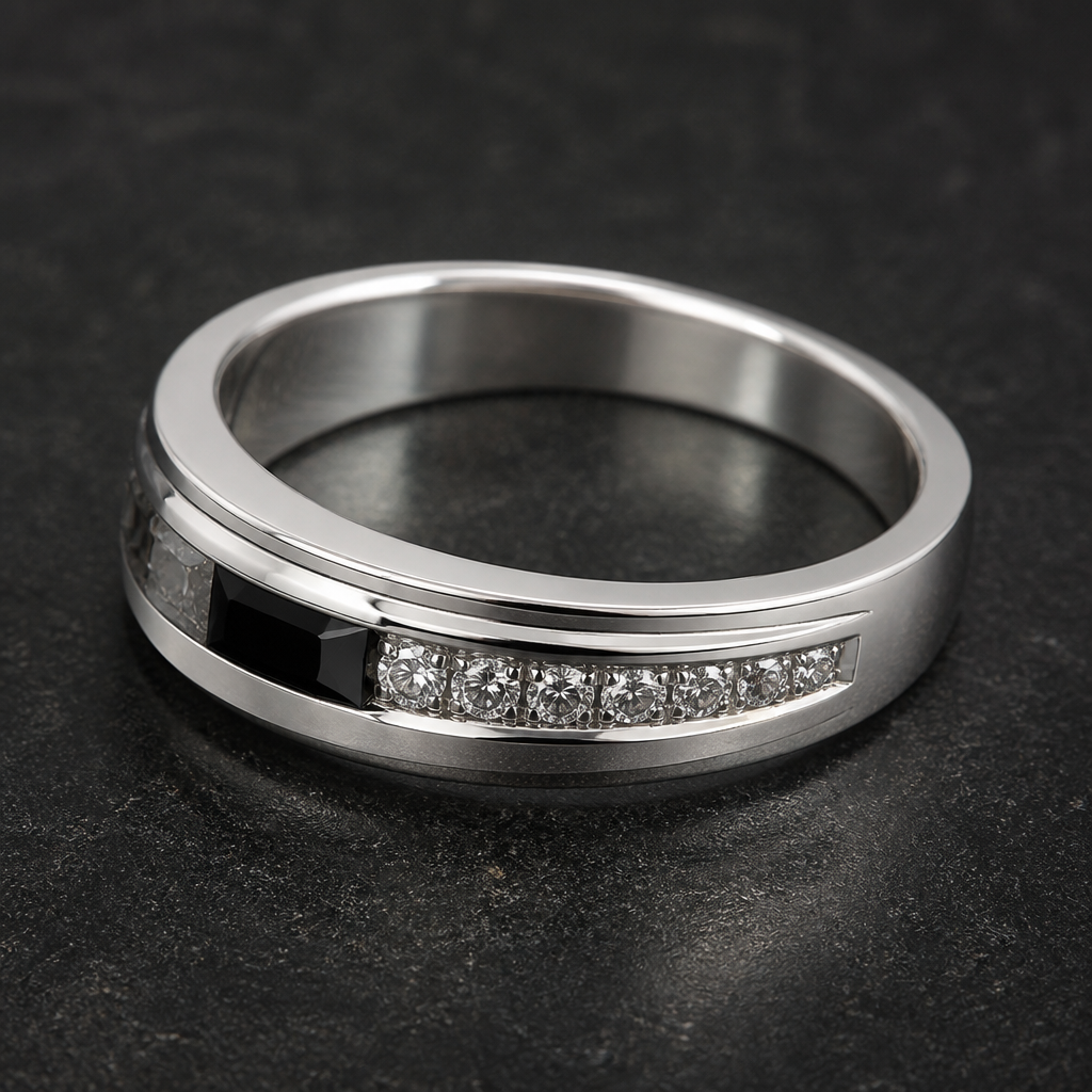 A men's ring made of silver. un delicado anillo con nombre y ermosas piedras
photorealistic jewelry design, A men's ring made of silver. un delicado anillo con nombre y ermosas piedras, modern style, just the design no text