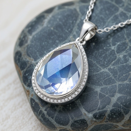 A 50 carat drop-cut moonstone pendant with silver lining around it 