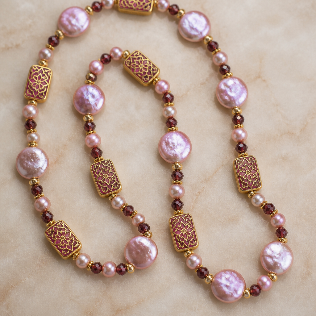 8mm coin pearls pink luster, pink luster round pearls 6mm, garnet spacers 4mm rounds. Gold filigree cloisonné rectangle beads with pick enamel
photorealistic jewelry design, 8mm coin pearls pink luster, pink luster round pearls 6mm, garnet spacers 4mm rounds. Gold filigree cloisonné rectangle beads with pick enamel, baroque style, just the design no text