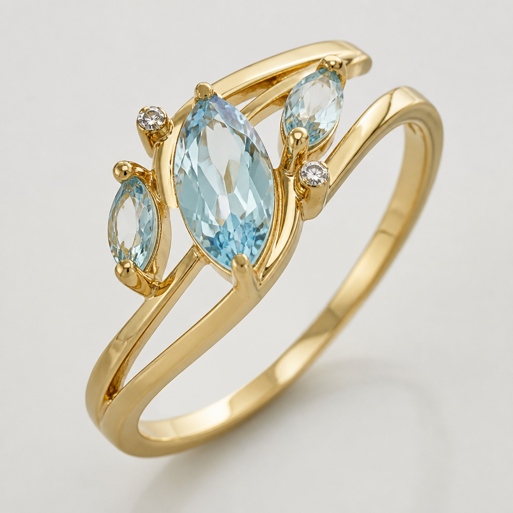 A modern women's ring made of gold with aquamarine stones
photorealistic jewelry design, A modern women's ring made of gold with aquamarine stones, modern style, just the design no text