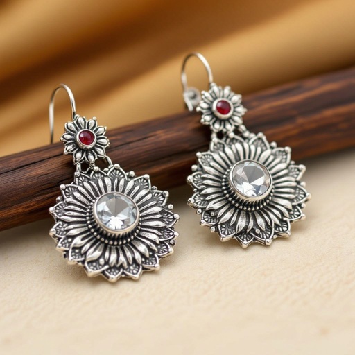 Серьги серебро изящный маленький лотос с необработанным хрусталем в центре