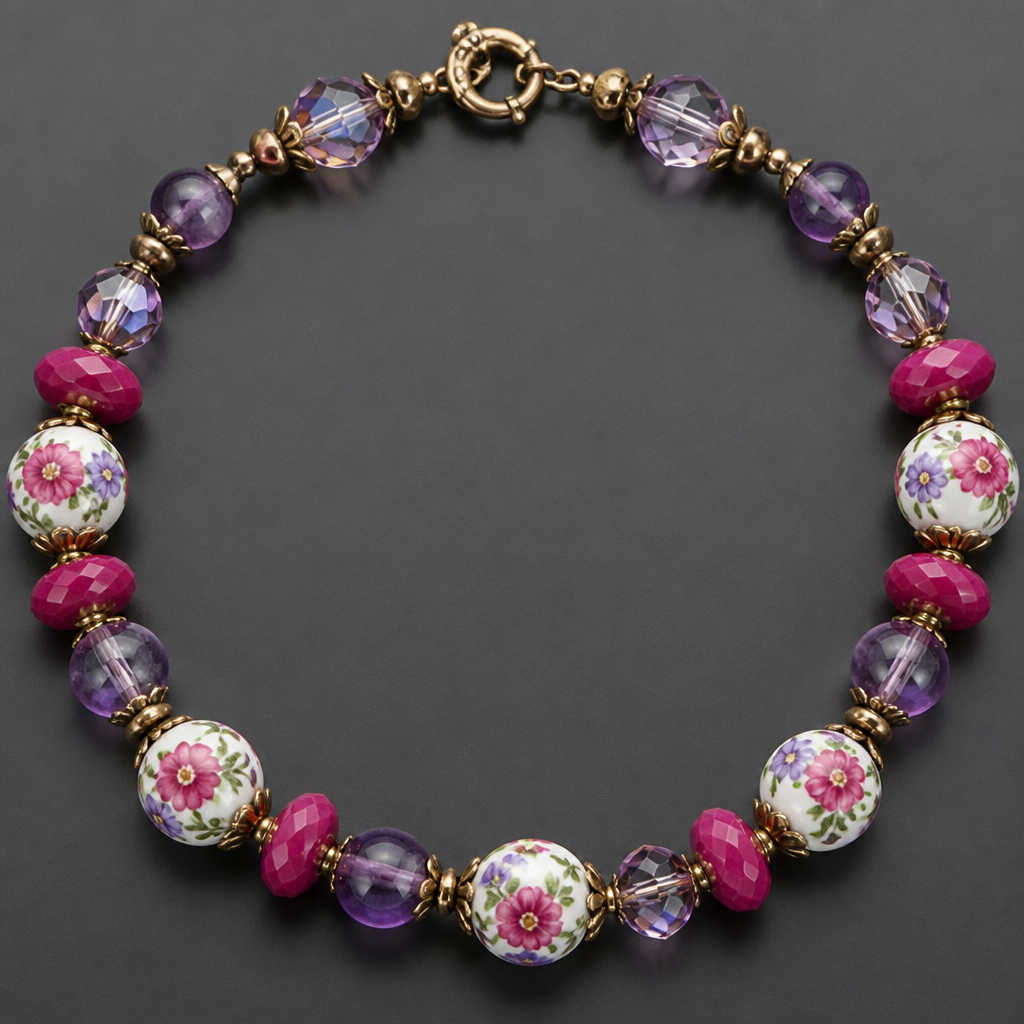 12mm ceramic round beads with fuchsia pink and purple flowers with green leaves, faceted fuchsia pink rondel natural rubies 7.7mm, amethyst round 8 mm beads, 8x10mm faceted Swarovski crystal beads