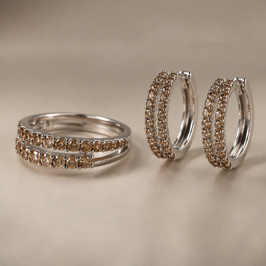 A women's ring. a luxury double band ring with champagne brown stones, two rows of small round stones, silver polished, photorealistic, matching hoop earrings design
photorealistic jewelry design, A women's ring. a luxury double band ring with champagne brown stones, two rows of small round stones, silver polished, photorealistic, matching hoop earrings design, modern style, just the design no text