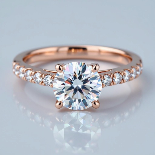 Rose gold ring with one big diamond at the center and 9 little diamonds on each side 
