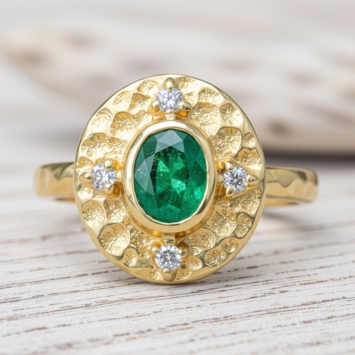 Anillo con Central de esmeralda redonda con 6 diamantes al rededor en oro amarillo 