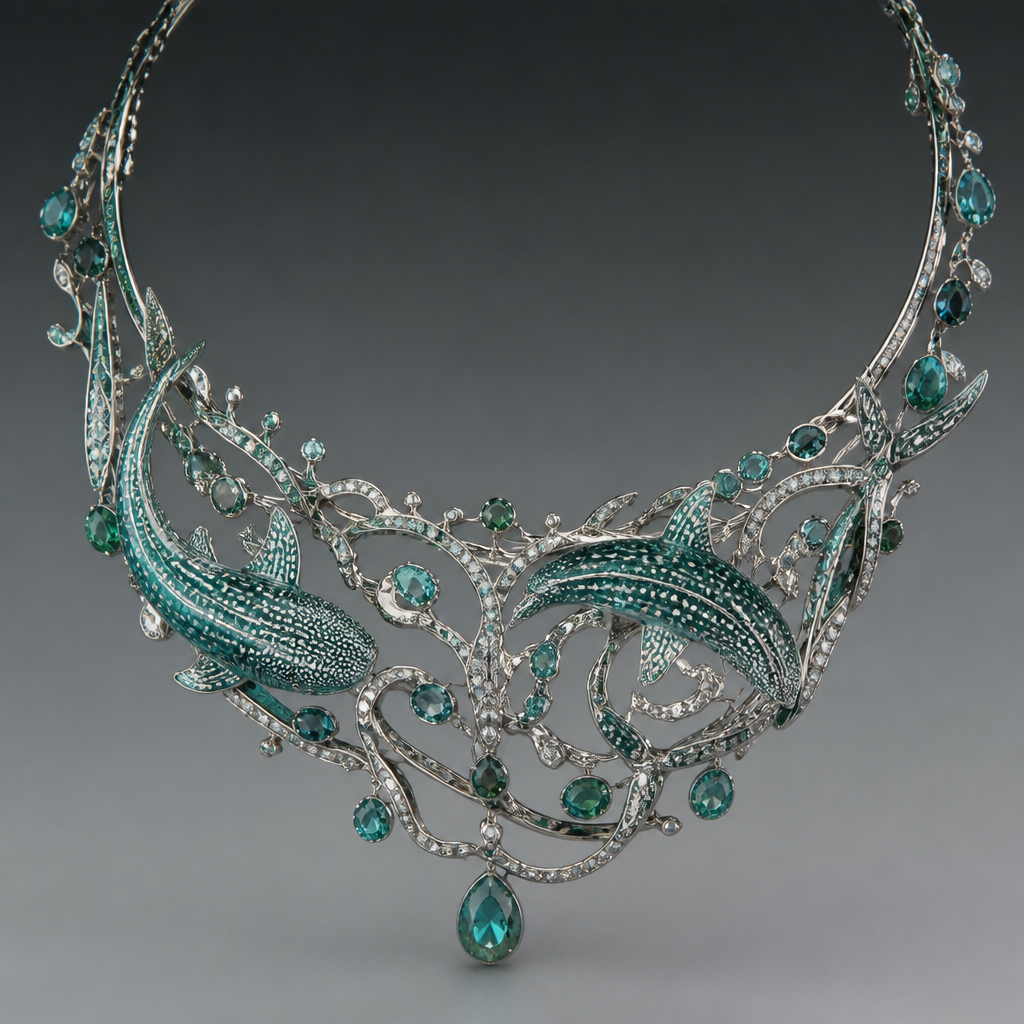 Greenish teal sapphire whale sharks in a necklace with
photorealistic jewelry design, Greenish teal sapphire whale sharks in a necklace with, avant_garde style, just the design no text