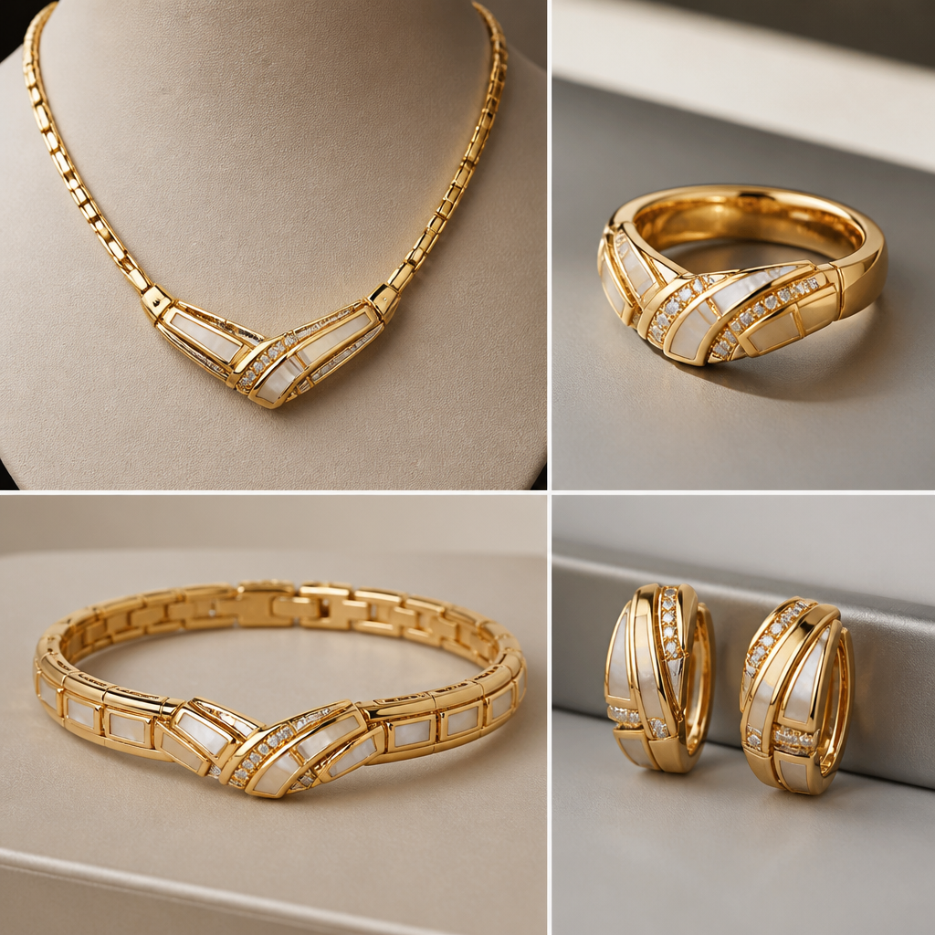 A modern women's necklace made of gold, detailed and decorative, moderately ornate. make a ring and bracelet and earrings with it as same design do it in Bvlgari brand style
photorealistic jewelry design, A modern women's necklace made of gold, detailed and decorative, moderately ornate. make a ring and bracelet and earrings with it as same design do it in Bvlgari brand style, modern style, just the design no text