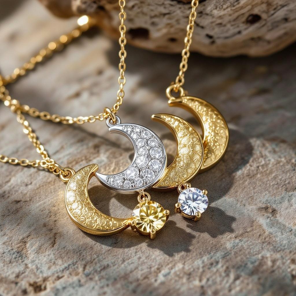 Подвеска из трех полумесяцев из матового неровного светлого золота соединенных цепочкой сверху самый широкий полукруг дальше средний и снизу самый маленький