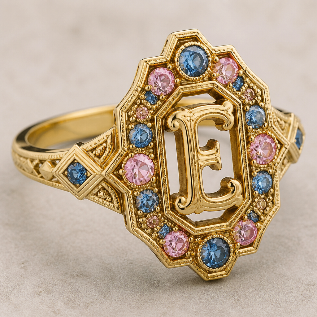 A art deco women's ring made of gold, highly ornate, intricate and elaborate, richly detailed. um anel de 15 anos com inicial E com pedrinhas azul e pedrinhas rosa em volta
photorealistic jewelry design, A art deco women's ring made of gold, highly ornate, intricate and elaborate, richly detailed. um anel de 15 anos com inicial E com pedrinhas azul e pedrinhas rosa em volta, art_deco style, just the design no text