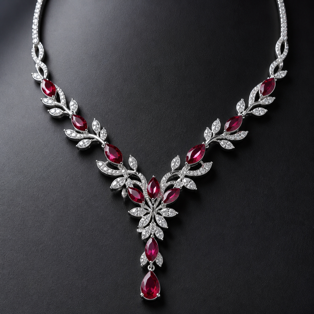 A modern women's necklace made of silver with ruby stones suitable for wedding, detailed and decorative, moderately ornate
photorealistic jewelry design, A modern women's necklace made of silver with ruby stones suitable for wedding, detailed and decorative, moderately ornate, modern style, just the design no text