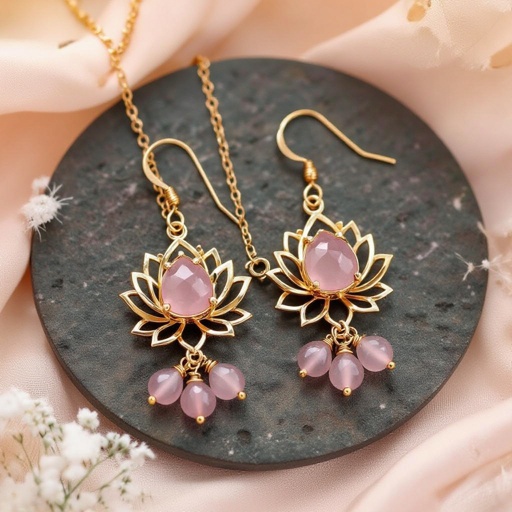 Светлое матовое золото. Серьги с лотосом на длинных цепочках. По центру лотоса камень необрабаботанного розового кварца, от лотоса идет цепочка с еще одним камнем кварца на конце. Серьги тонкие и легкие