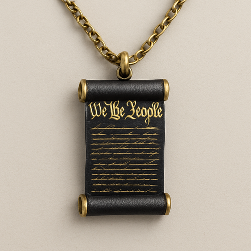 A necklace on a 24” staggered chain with a pendant straw 4 inches long that is a rolled up version of the United States constitution “We The People” can be read and is indented as well as the rolled up paper lines. It is black with gold writing. 