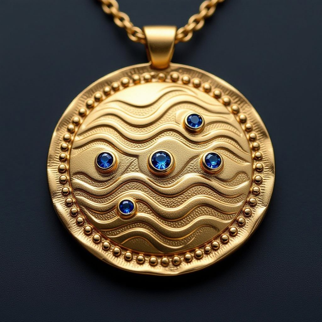 Золотой матовый медальон в форме неровного круга с неровными краями. По краям выпуклые точки сплошной линией. На круге разные волнистые узоры словно волны. Три миниатюрных голубых камушка хаотично расположены в круге