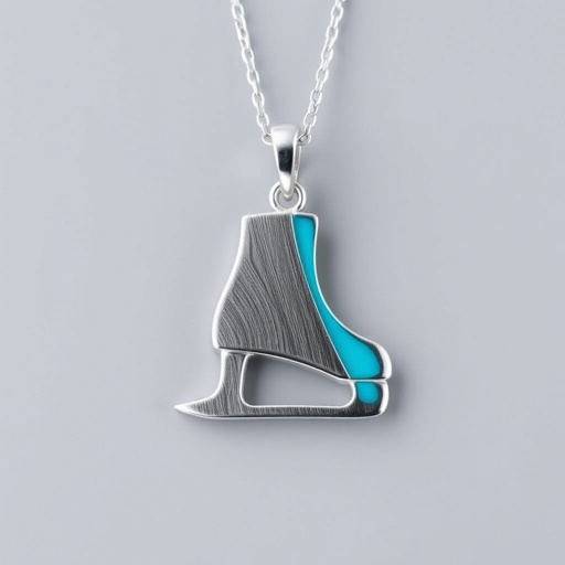 Silver Pendant shape one ice skate with turquoise stripe inside the low thin part blade