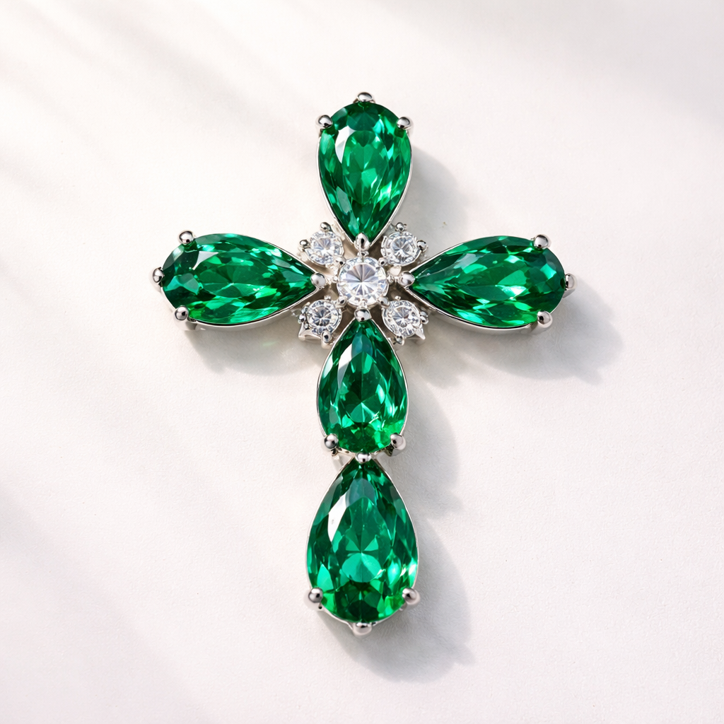Pear cut emerald cross on 14k white gold with bale attached to the back and not shown. Few diamond accent stones. Classic, simple, and elegant