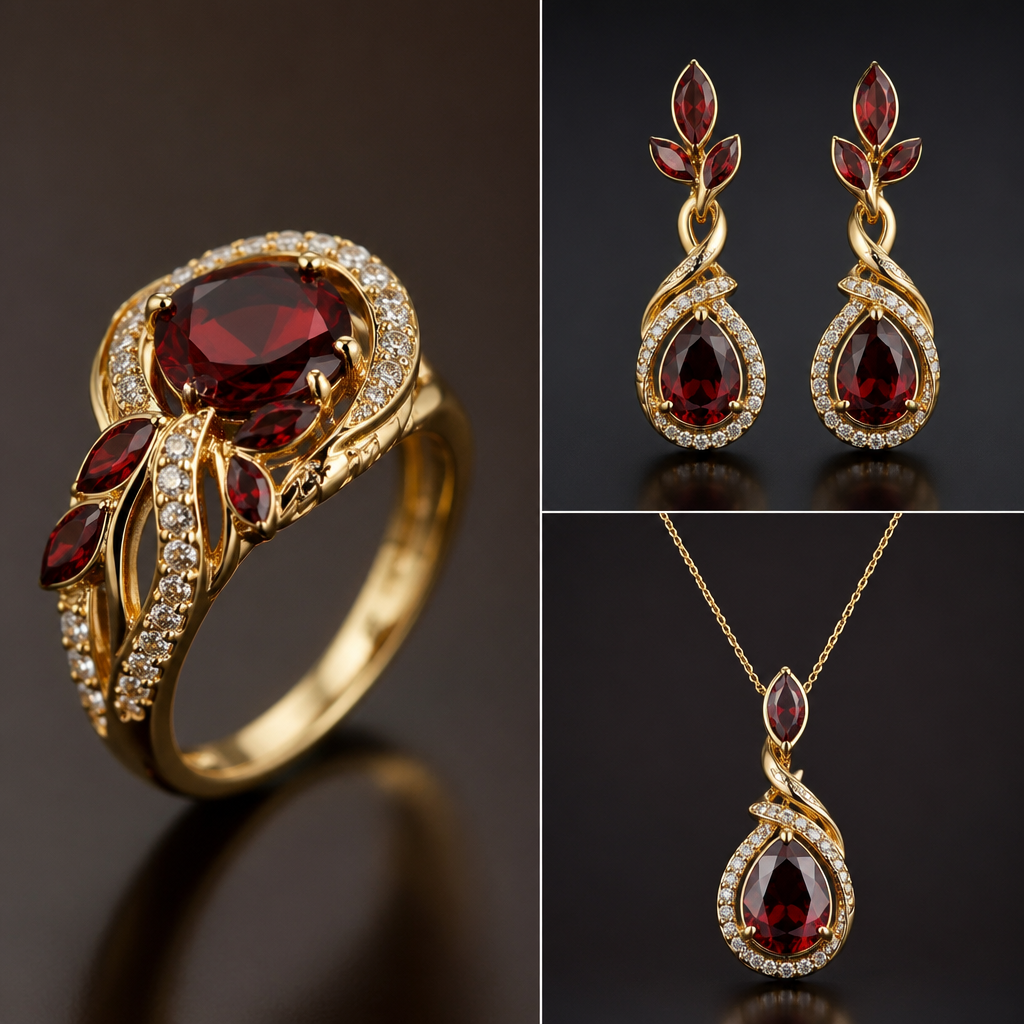 A modern women's ring made of gold with diamond and garnet stones suitable for formal. classic, elegant, luxious ring,.earings and necklace with royal design, use my reference gems
photorealistic jewelry design, A modern women's ring made of gold with diamond and garnet stones suitable for formal. classic, elegant, luxious ring,.earings and necklace with royal design, use my reference gems, modern style, just the design no text