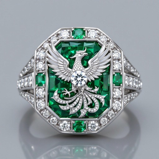 Pendant phoenix printed on it for women Design a luxurious platinum signet ring that embodies the elegance of Art Deco style, featuring a striking phoenix rendered in intricate geometric patterns. Emphasize bold lines and symmetry, with contrasting finishes for depth. Adorn the ring with brilliant-cut diamonds and emeralds, capturing the spirit of rebirth and timeless sophistication.