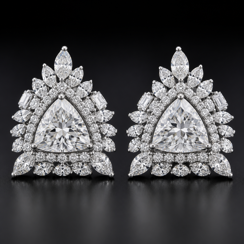 2 2-carat trillion cut diamonds set as earrings adorned with various shapes od melee diamonds
photorealistic jewelry design, 2 2-carat trillion cut diamonds set as earrings adorned with various shapes od melee diamonds, classic style, just the design no text