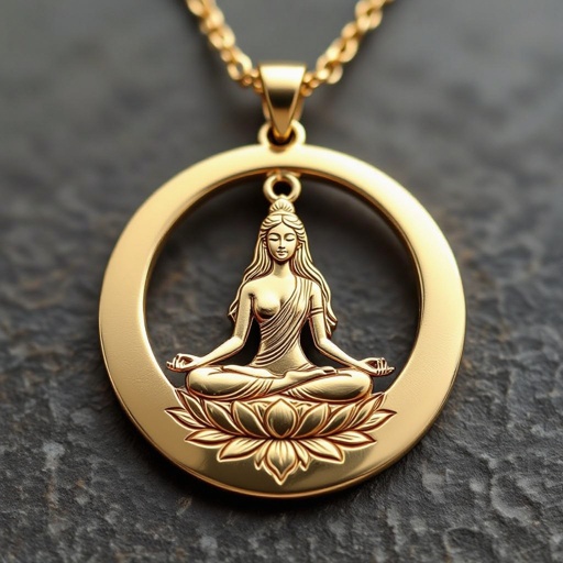 Золотой кулон в виде неровного круга в круге выгравирована женщина с длинными волосами в позе лотоса