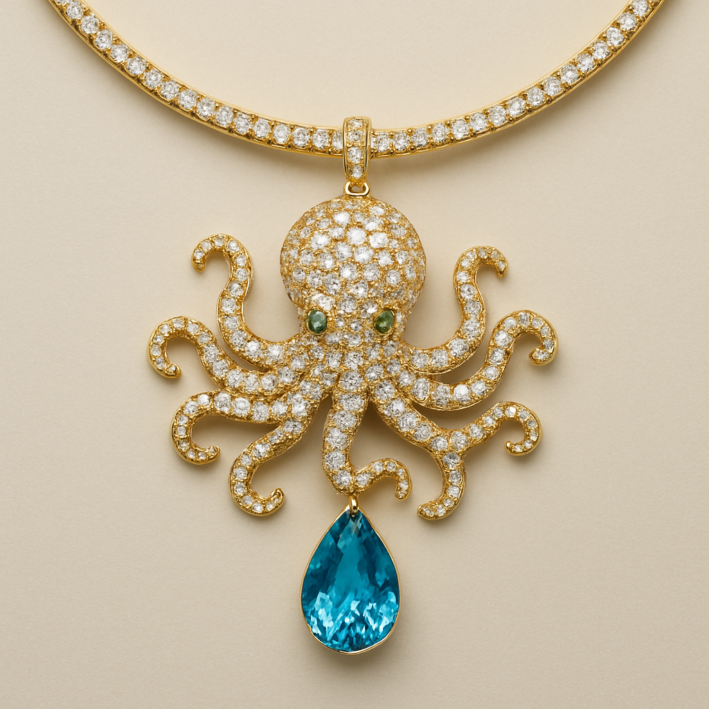 18k yellow gold octopus necklace covered in diamonds on diamond omega chain with pear shaped blue topaz dropping off octopus 8 blue topaz 