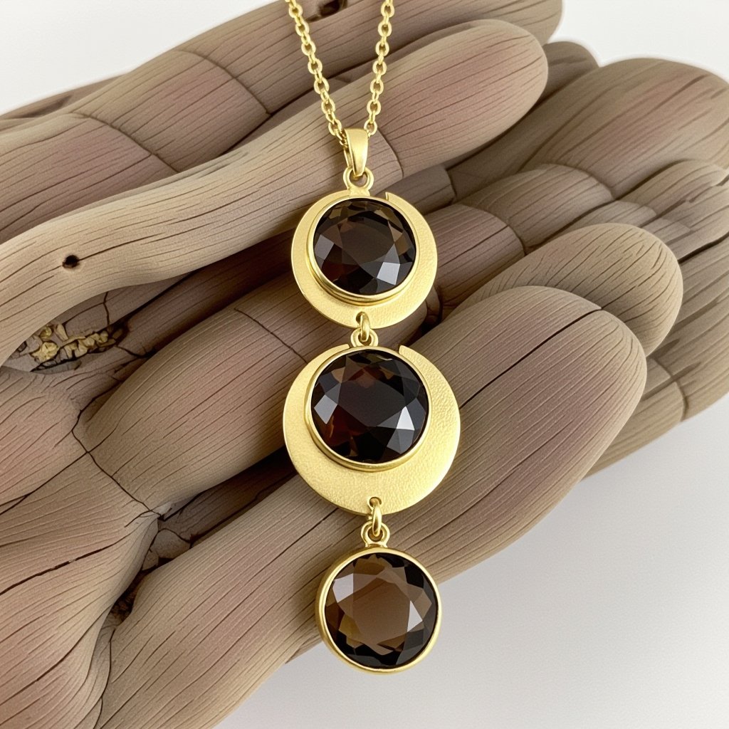  Подвеска из трех полумесяцев с узорами и камнями раухтопаза из матового неровного светлого золота с узорами соединенных цепочкой сверху самый широкий полукруг дальше средний и снизу самый маленький