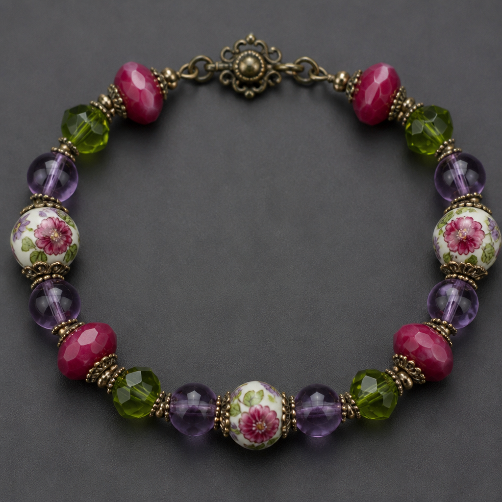 12mm ceramic round beads with fuchsia pink and purple flowers with green leaves, faceted fuchsia pink rondel natural rubies 7.7mm, amethyst round 8 mm beads, 8x10mm faceted green Swarovski crystal beads