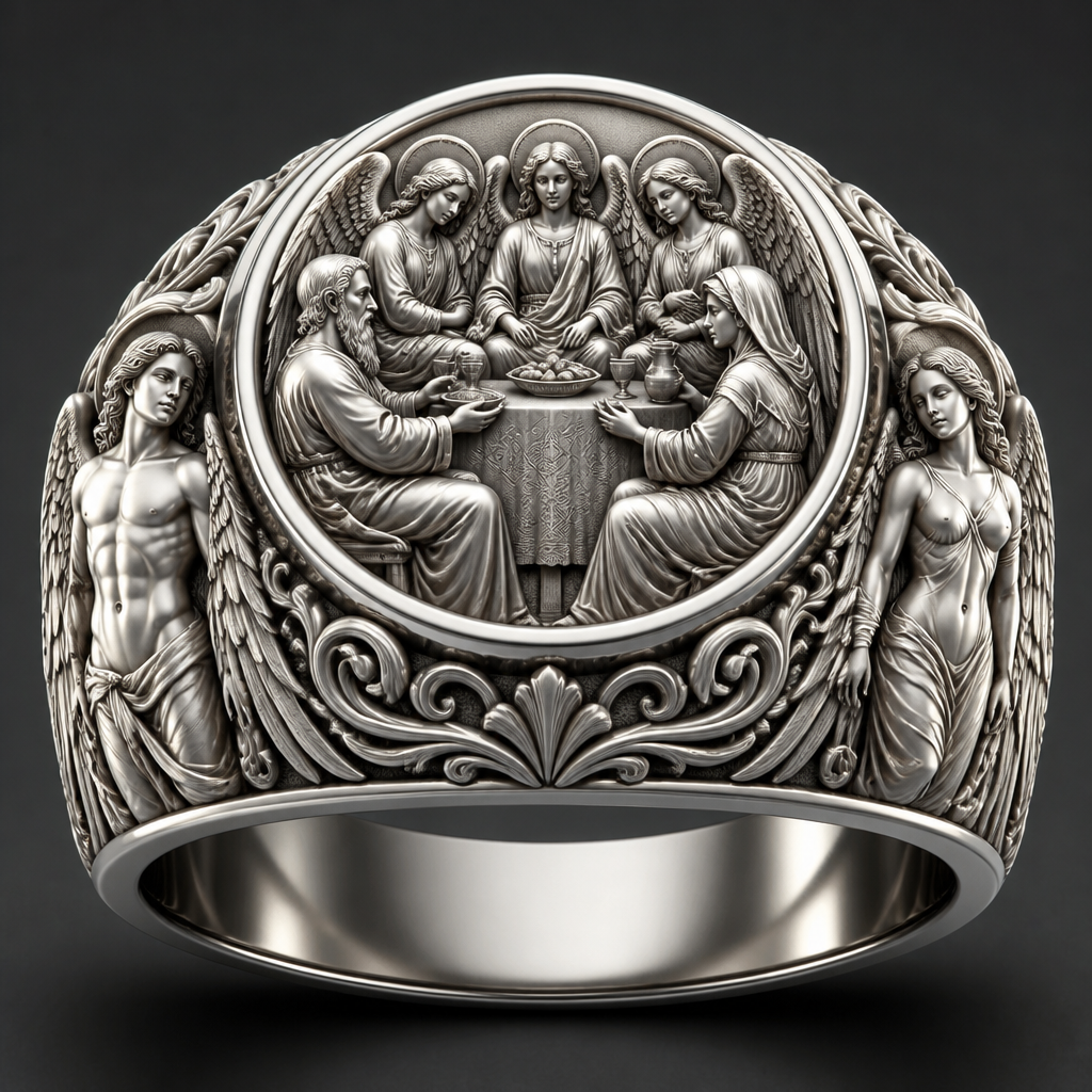 A luxury men's ring made of silver. A delicate elegant and beautiful signet ring, with the Holy Trinity at the dinner of Abraham on the top of it, with Abraham and Sarah serving the Holy Trinity. A male Angel at the right side of the ring with a beautiful delicate and elegant body, with a beautiful delicate and elegant face, with long hair, with well formed wings. A female Angel at the left side of the ring with a beautiful delicate and elegant body, with a beautiful delicate and elegant face, with long hair, with well formed wings. Put filigree and ornaments around the band of the ring.