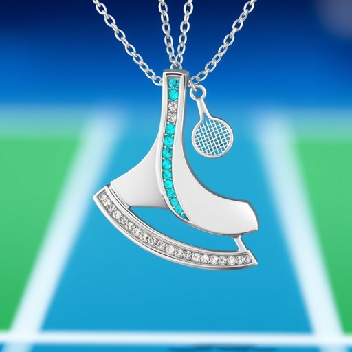 Silver pendant in the shape of ice skating blades with a turquoise stripe within the blade