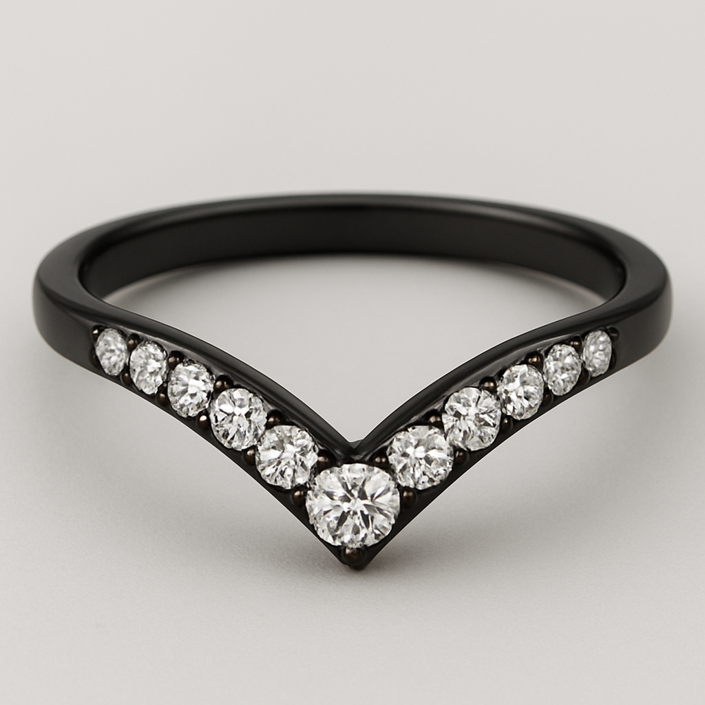 Wedding band black with moissanite stones that comes to a point in the middle 