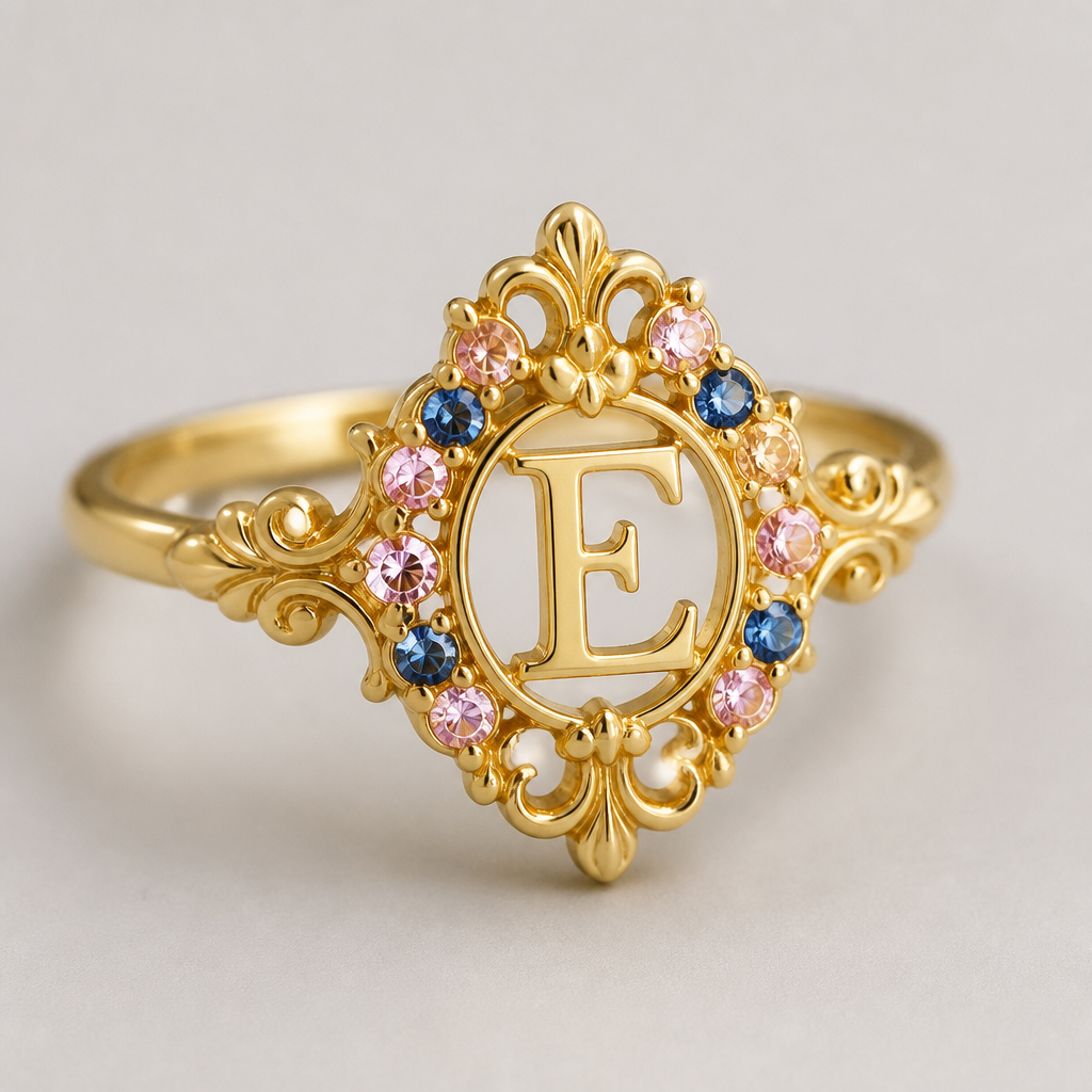 A baroque women's ring made of gold, minimalist, simple and delicate, clean lines. um anel de 15 anos com inicial E com pedrinhas azul e pedrinhas rosa em volta
photorealistic jewelry design, A baroque women's ring made of gold, minimalist, simple and delicate, clean lines. um anel de 15 anos com inicial E com pedrinhas azul e pedrinhas rosa em volta, baroque style, just the design no text