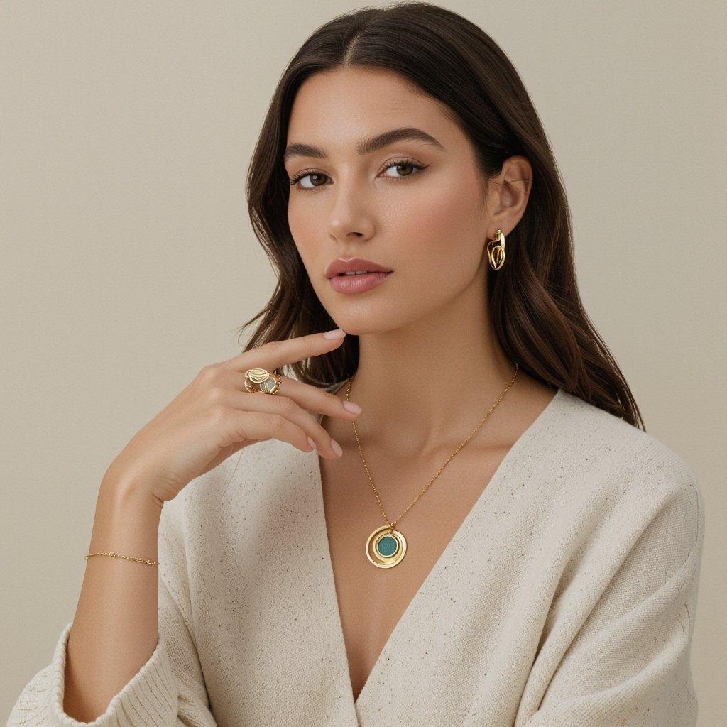 Подвеска из матового золота с узорами и мелкими необработанными матовыми камнями в форме двух пересекающихся окружностей и глаза между ними