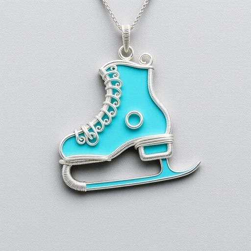 Silver Pendant shape one ice skate with turquoise stripe inside the low thin part blade