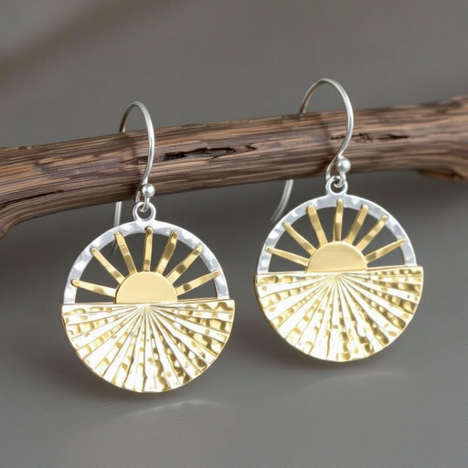 Золотые серьги полукруг половинка горящего солнца мятое неровное золото лучи волнистые другая половинка круга серебряная 