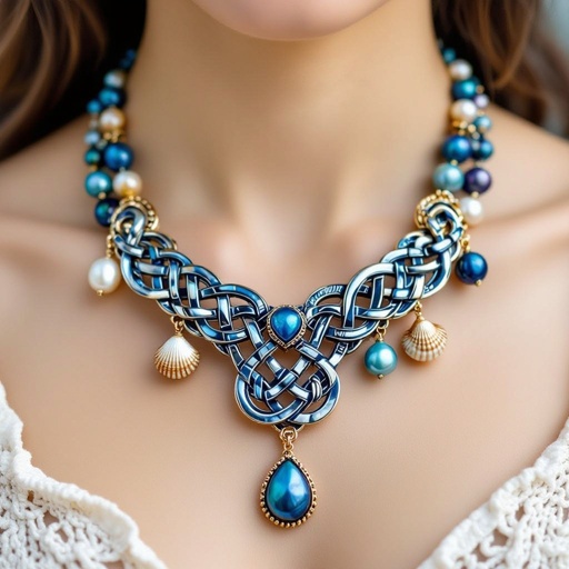 Sea inspired jewelry set, with different blue shades pearls and small shells and golden details