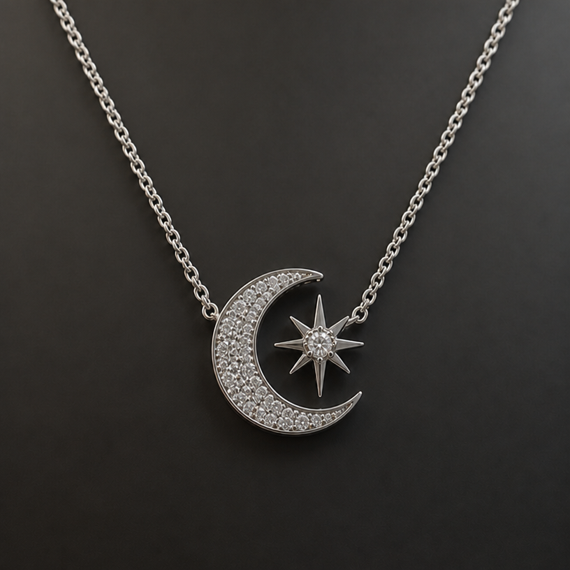 half moon full stone and star one stone necklace
edit the attached jewelry design with these instructions: half moon full stone and star one stone necklace. keep it photorealistic, just the design no text