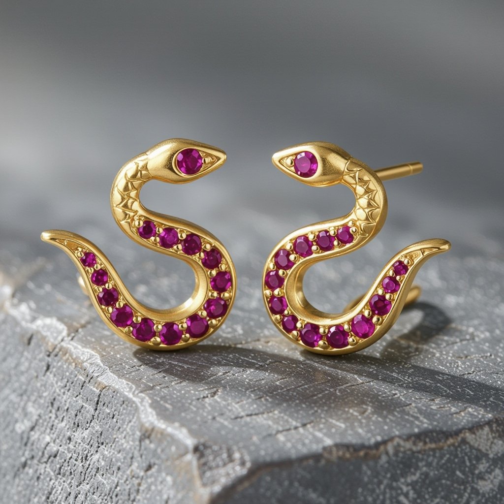 Небольшие золотые матовые серьги в виде символической змеи